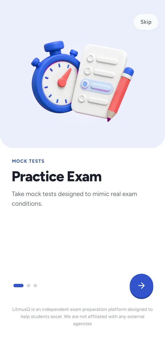 LitmusQ onboarding screen: practice exam with a 3D stopwatch illustration