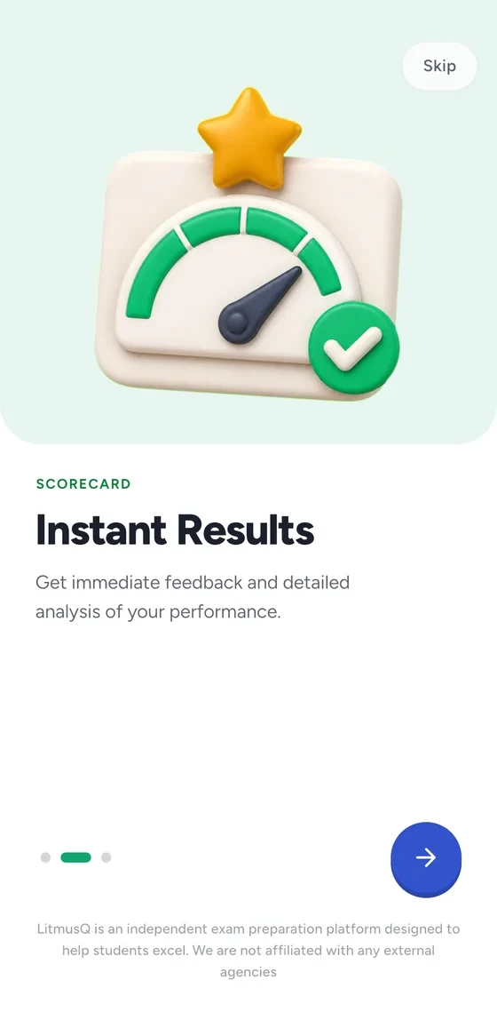 LitmusQ onboarding screen: instant results with a 3D gauge illustration